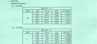 直流電源CNAS校準(zhǔn)證書結(jié)果頁展示2